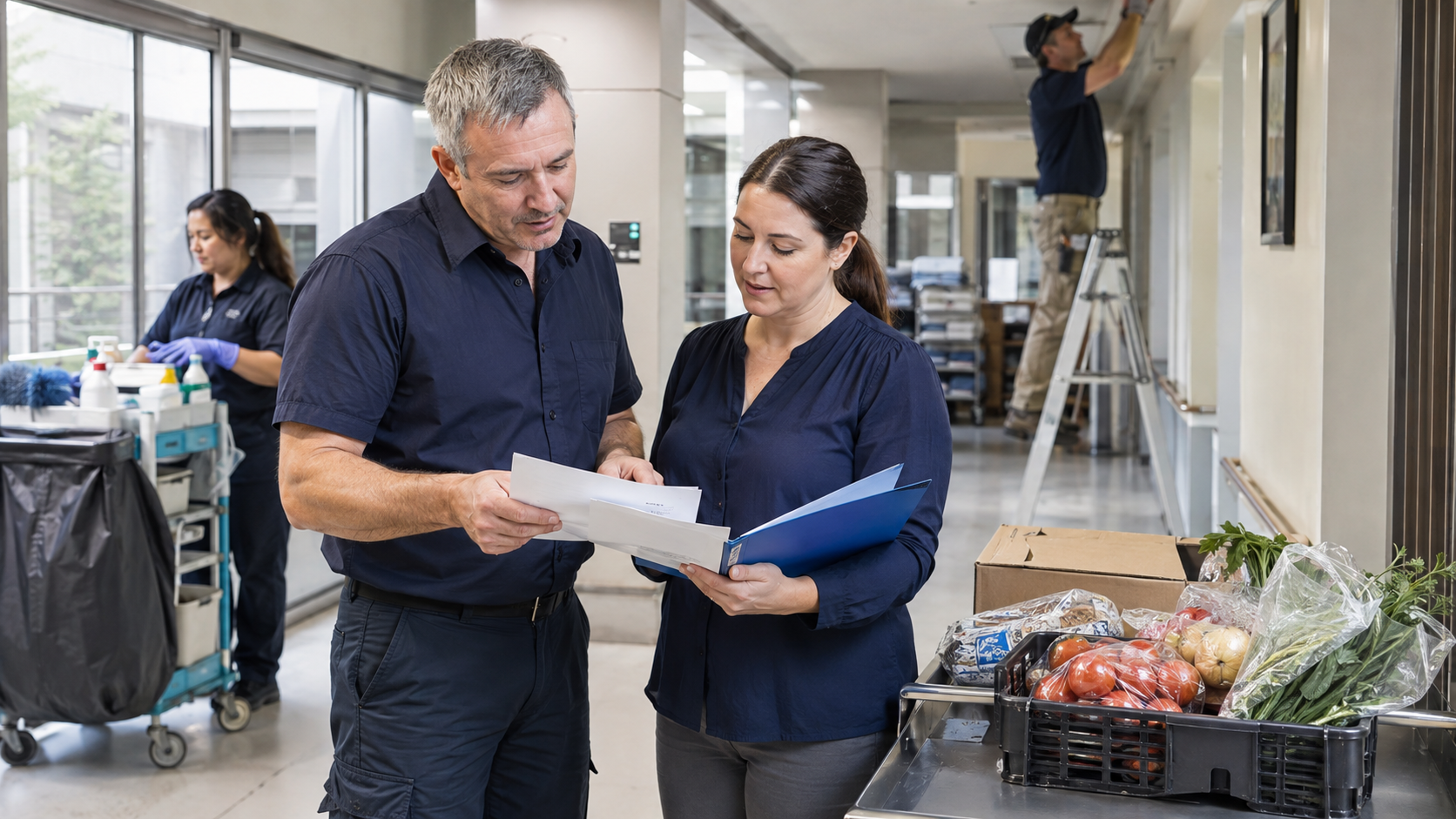 A finance analyst and facilities manager comparing an invoice with service activity