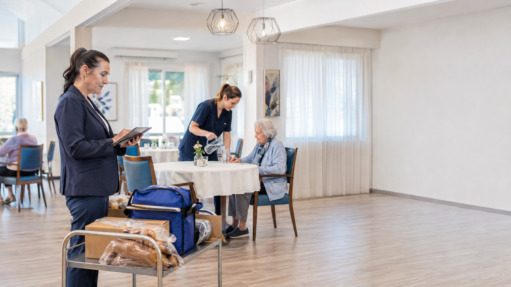 A facility coordinator reviewing a supplier document while care services continue nearby