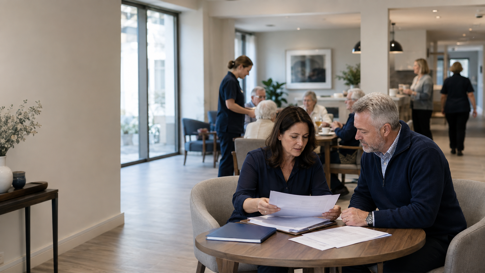 Healthcare finance and operations leaders reviewing supplier invoices in an aged care residence